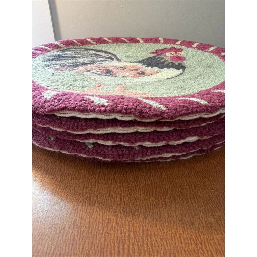 Set Of 5 Hooked Rug Rooster Chair Pads NWOT‎